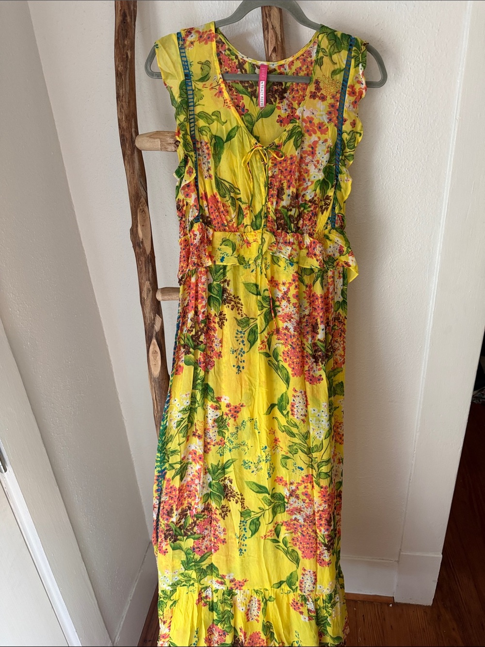 Plenty by Tracy Reese Yellow Floral Sheer Ruffle Flowy Maxi Dress Medium - Picture 8 of 8